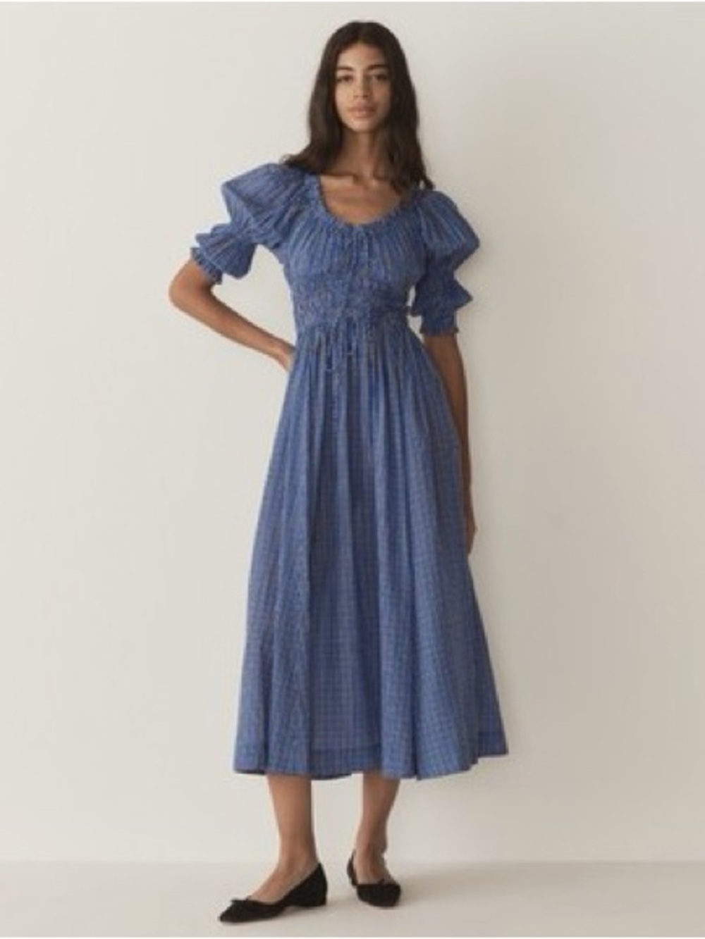 Doen Ischia Cotton Voile Smocked Midi Dress Cassis Check Blue Plaid - Picture 3 of 5